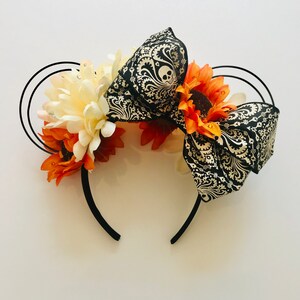 Halloween Floral Minnie Ears + Skull Bow with Swarovski Crystals