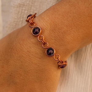 Copper & Amethyst Bracelet – Handcrafted Triple Loop Design with Feminine Energy – Matching Necklace and Earrings