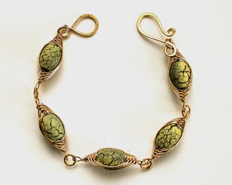 Glass Herringbone Weave Brass Bracelet, Dainty Golden Bracelet, Gift for Her