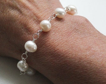 Elegant Sterling Silver Pearl Bracelet, Genuine Freshwater Pearls, Matching Set