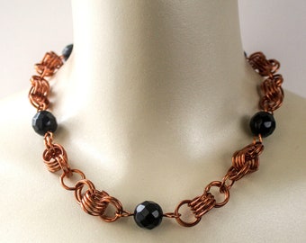 Black Onyx Short Copper Necklace, Onyx Chain Maille Neckace, Antiqued Onyx Necklace, Gift for Her