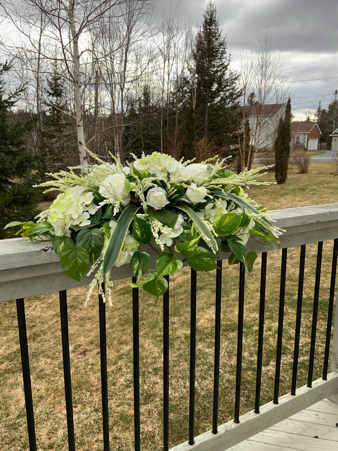 Real Touch Hydrangea Headstone Saddle, Memorial Floral Arrangement, Sympathy Gravestone Flowers