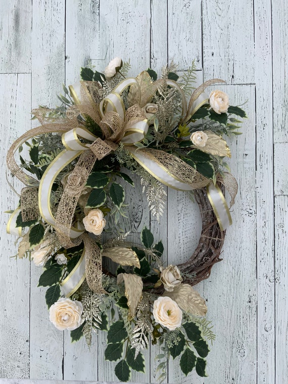 Elegant Winter White & Gold Floral Wreath, Holiday Front Door