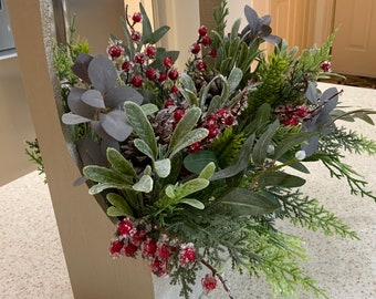 Winter Season Floral Centrepiece, After Holiday Greenery Arrangement in square Wooden Champagne Painted Box, Rustic Flocked Home  Decor