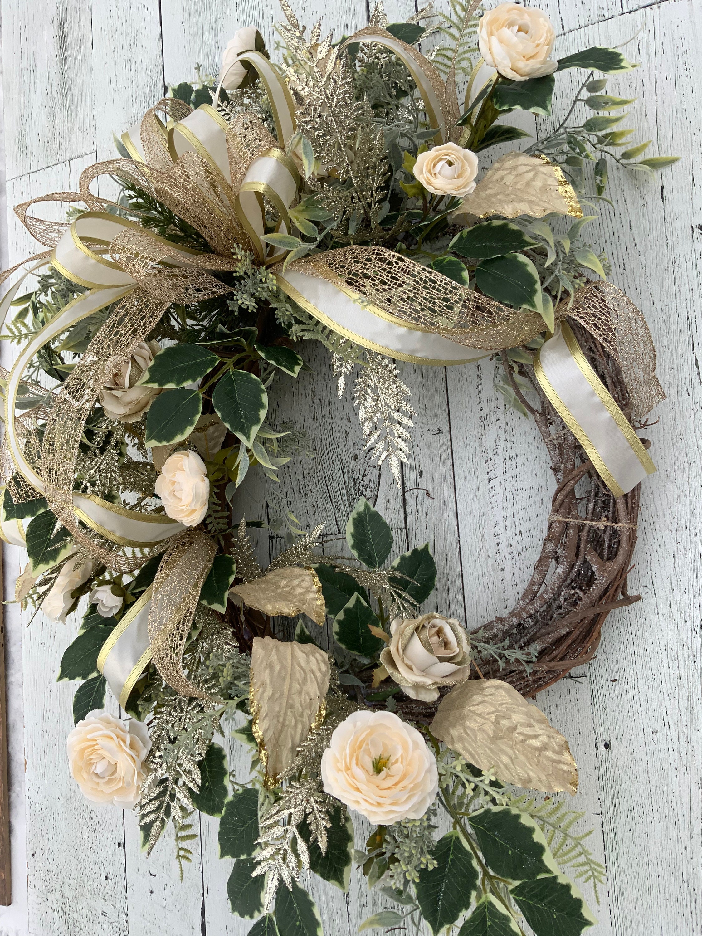 Elegant Winter Ivory & Gold Floral Wreath With Bow, Holiday Front