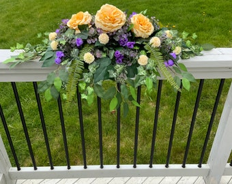 Yellow and Purple Cemetery Flower Arrangement, Floral Grave Tribute, Headstone Saddle, Masculine Tombstone Pillow Topper, Stone Spray Decor