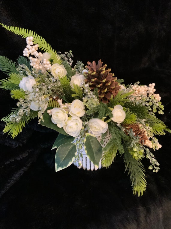 Asymmetrical Winter Floral Centerpiece, Winter Evergreen Table Arrangement,  Christmas Table Decor, Silk Flower Display, Wedding Flowers 