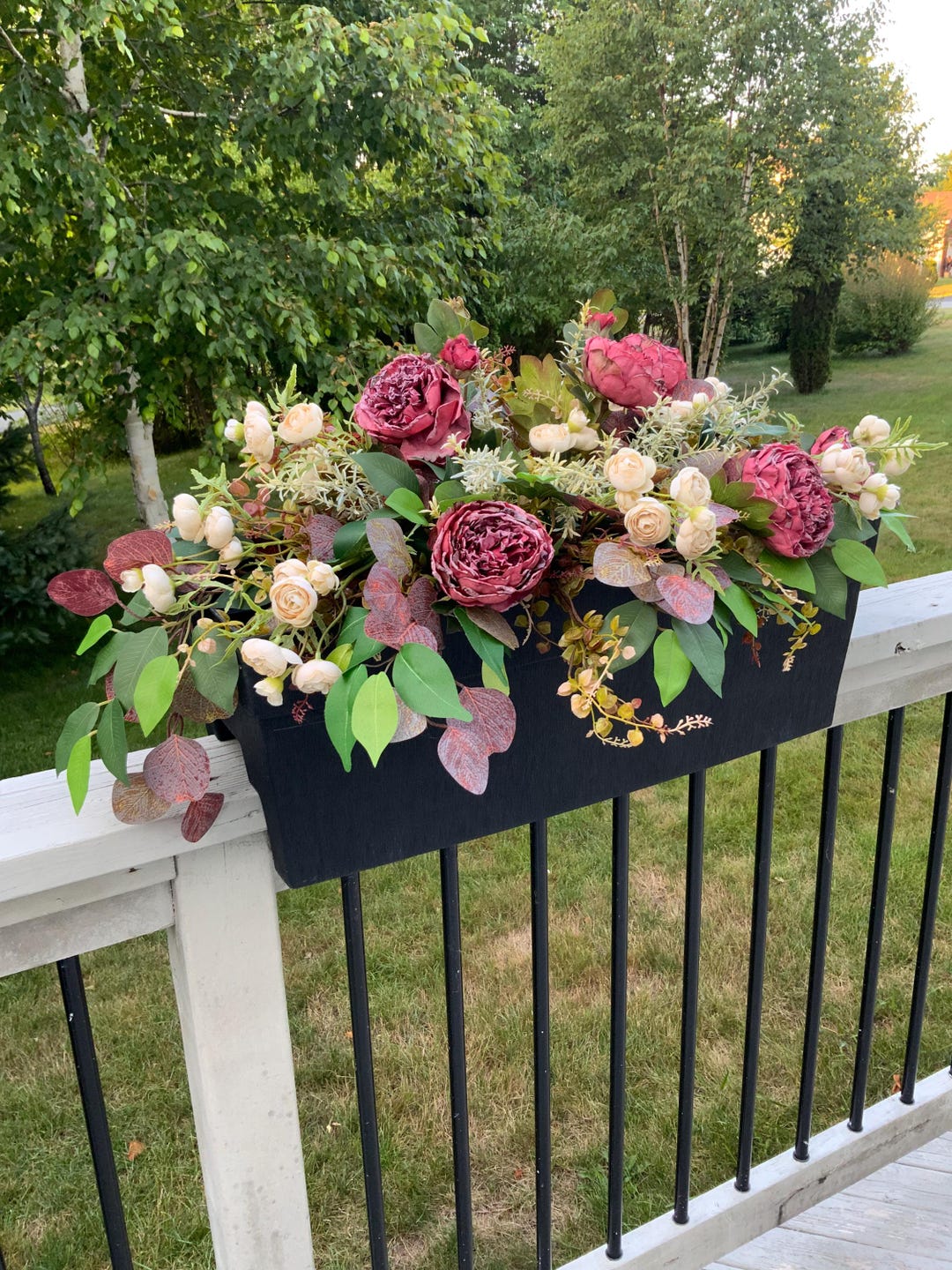 Burgundy Peony Fall Window Box Filler, Autumn Faux Floral Arrangement ...