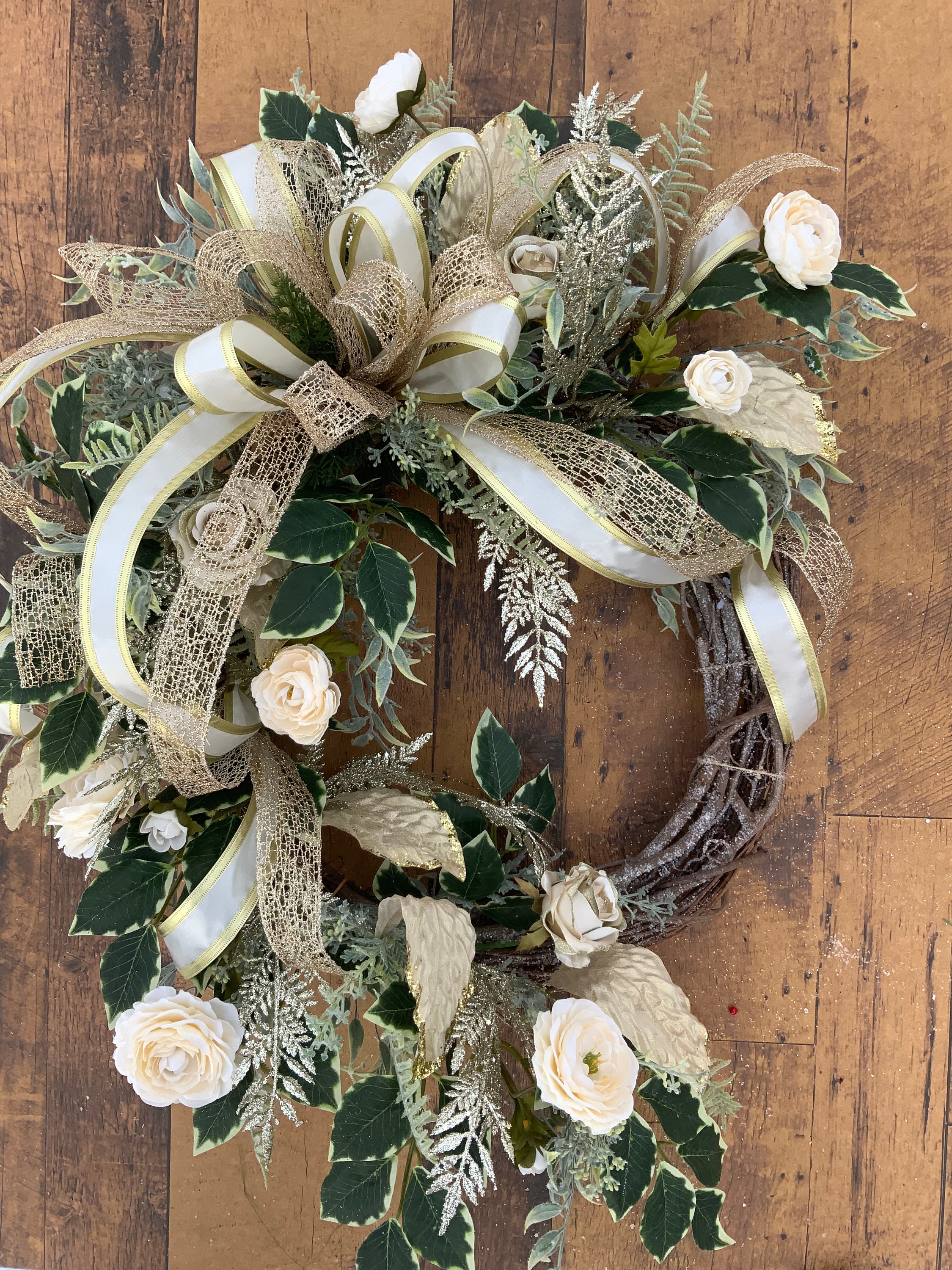 Elegant Winter White & Gold Floral Wreath, Holiday Front Door