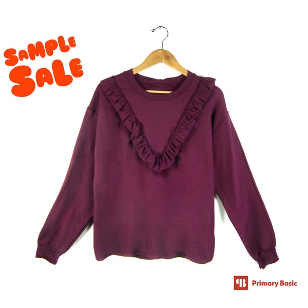 SAMPLE SALE - M / Maroon Custom Ruffle V-Neck Sweatshirt, Ruffle Bib Sweatshirt, Crew Neck Jumper, Ruffle Front Fleece, Colorful Sweater