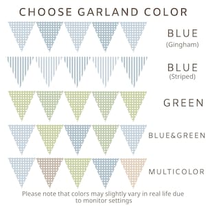 Op de afbeelding: Een kleurselectiekaart voor een slinger met vijf rijen driehoekige vlaggetjes. De tekst luidt CHOOSE GARLAND COLOR, BLUE (Gingham), BLUE (Striped), GREEN, BLUE&GREEN en MULTICOLOR, met de bijbehorende patronen en kleuren weergegeven.