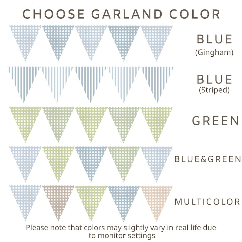 Op de afbeelding: Een kleurselectiekaart voor een slinger met vijf rijen driehoekige vlaggetjes. De tekst luidt CHOOSE GARLAND COLOR, BLUE (Gingham), BLUE (Striped), GREEN, BLUE&GREEN en MULTICOLOR, met de bijbehorende patronen en kleuren weergegeven.