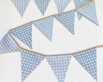 Blue Gingham Bunting Banner Boy Baby Shower Decor, First Birthday Teddy Bear, Nursery Blue Fabric Garland