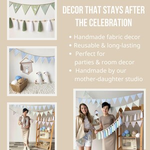 Op de afbeelding: Stoffen vlaggenlijnen met groene en blauwe patronen, witte en groene garenkwastjes aan houten kralen, en pluche kussens in de vorm van een gans. De tekst luidt: DECOR THAT STAYS AFTER THE CELEBRATION, Handmade fabric decor, Reusable & long-lasting, Perfect for parties & room decor, Handmade by our mother-daughter studio.
