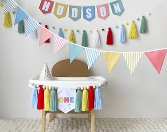 Fun To Be One Birthday Decor High Chair Banner Bunting Custom, Baby Name Sign Colorful Garland Retro Party, First Birthday Boy
