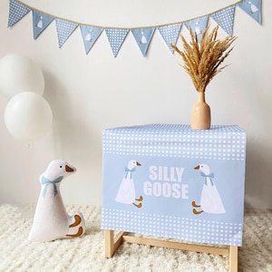 Två fåniga gås 1-årsdekoration pojke babyshower, blå bordslöpare