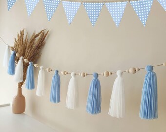 Gender Reveal Garland Blue Boy Baby Shower Gingham Bunting Banner, 1st Birthday Boy Nursery Decor Winter