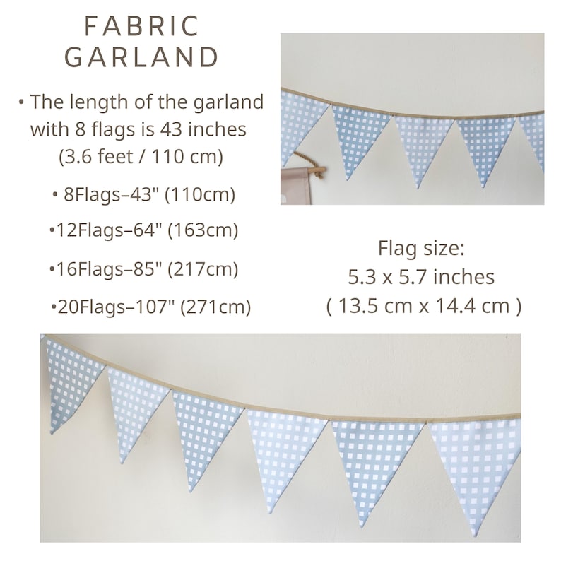 Op de afbeelding: Een stoffen slinger met lichtblauw en wit geblokte driehoekige vlaggetjes aan een beige koord. De tekst geeft lengtes aan voor 8 tot 20 vlaggetjes van 110 cm tot 271 cm, met vlagafmetingen van 13,5 cm bij 14,4 cm.