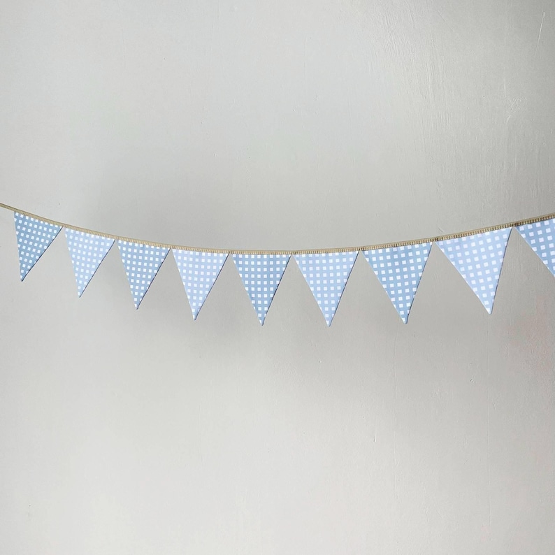 Op de afbeelding: Een slinger van driehoekige vlaggetjes met een lichtblauw en wit vichy-ruitpatroon. De stoffen wimpels zijn bevestigd aan een dun, naturelkleurig touw, waardoor een decoratieve banner ontstaat die geschikt is om op te hangen.