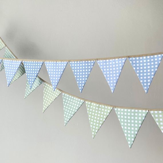 Blue Gingham Baby Shower Decor Bunting Banner Garland, 1st Birthday Boy Nursery Decor