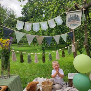 Wild One 1st Birthday Decoration Set - High Chair Banner, Hat, Cake Topper, Wood Bead Garland, Green - View #4