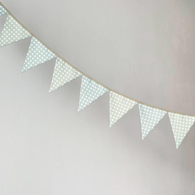 Op de afbeelding: Een decoratieve vlaggenlijn bestaande uit een reeks driehoekige vlaggetjes opgehangen aan een dun koord. Elke vlag heeft een licht saliegroen en wit vichy-ruitpatroon, wat een herhalend geometrisch raster vormt over de gehele lengte.