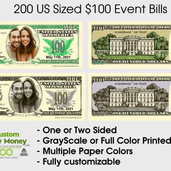 200 Custom Personalized Wedding Event Birthday Party Casino Play Incentive Replacement Money  One Hundred Dollar Bills