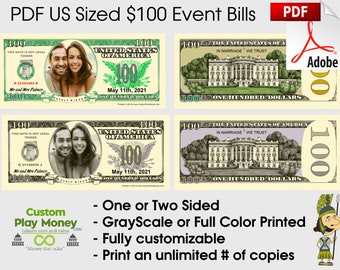 PDF digital download Custom Personalized Wedding Event Birthday Party Casino Play Incentive Replacement Money  One Hundred Dollar Bills