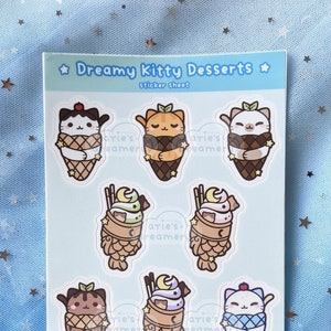 Verträumte Kitty Desserts 5 "x 7" wasserdichtes Matt-Vinyl-Aufkleber Blatt | süße Taiyaki und Eistüten