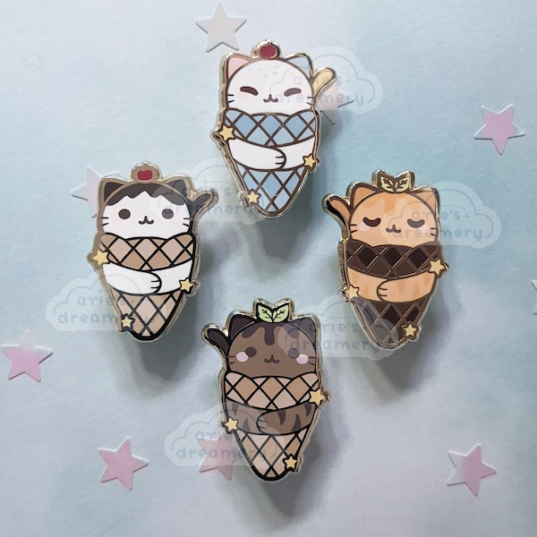 Dreamy Kitty Ice Cream Cone Enamel Pins (vanilla, chocolate, mango, and funfetti) |  hard enamel pin, gold enamel pin, cute, accessories