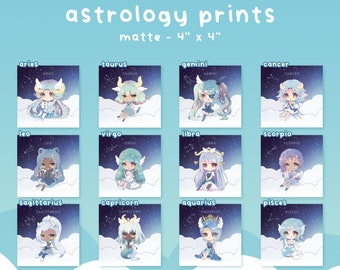 Astrology Girl 4" x 4" Mini Prints | Aries, Taurus, Gemini, Cancer, Leo, Virgo, Libra, Scorpio, Sagittarius, Capricorn, Aquarius, Pisces