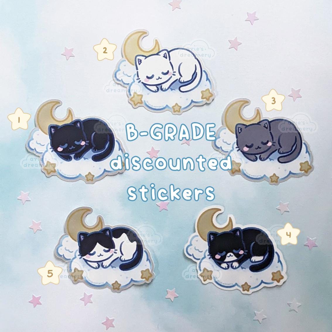B-GRADE Dreamy Kitties Matte Vinyl Stickers (w/ shiny gold effect!) | black, white, grey, tuxedo, black/white cats