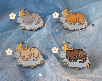 Dreamy Kitty Enamel Pins |  hard enamel, gold enamel, flair, accessories | short haired grey, orange, cream and brown tabby cats