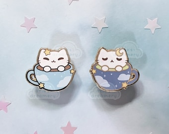 Dreamy Kitty Cafe Latte & Matcha Latte Enamel Pins | hard enamel pin, gold enamel pin, cute, kawaii, flair, accessories