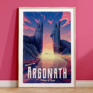 Cartel de viaje de Argonath - Cartel de viaje vintage del Señor de los Anillos - Arte minimalista de Lotr - Pilares de los Reyes
