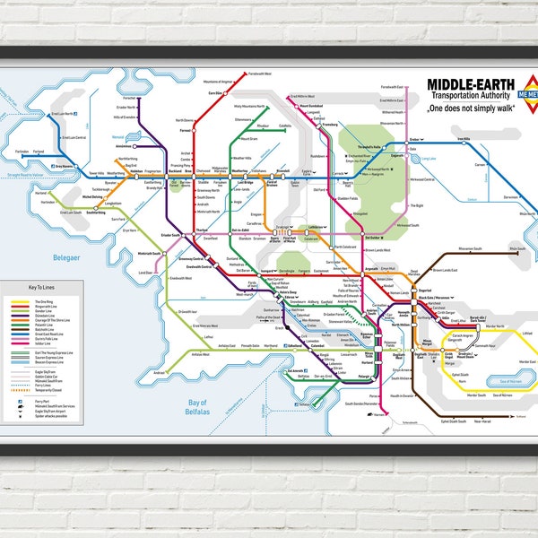 Middle-earth Subway Map - Lord of the Rings Map - Middleearth Map - Middle Earth Map - Fantasy Transit Map - 3RD AGE