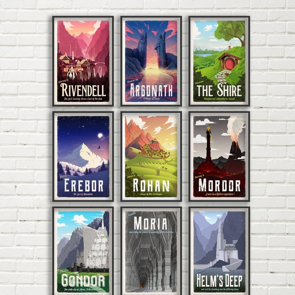 Ensemble d’affiches de voyage du Seigneur des Anneaux, No AI Art, The Shire, Erebor, Rivendell et plus encore, Lotr Wall Art, Affiche de voyage de la Terre du Milieu