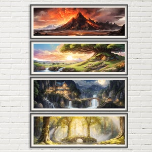 Set di poster panoramici del Signore degli Anelli - Gran Burrone, Lothlorien, Mordor e la Contea - Lotr Art - Decorazione della parete Hobbitcore - Scenic Lotr