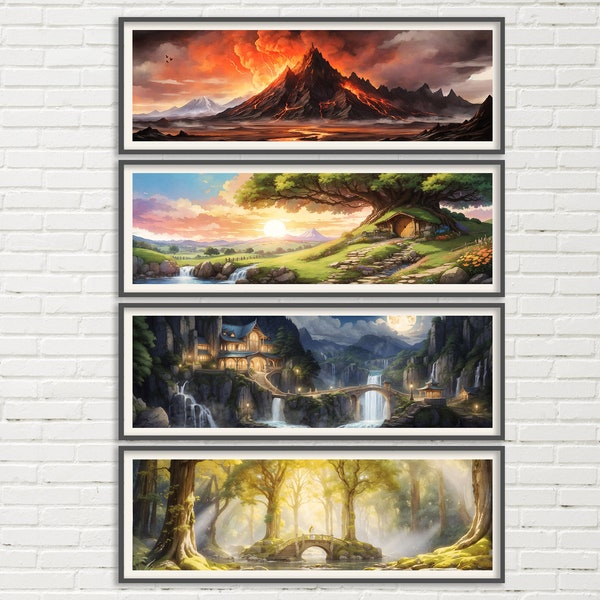 Lord of the Rings Panorama Poster Sets - Rivendell, Lothlorien, Mordor and the Shire - Lotr Art - Wall Decor Hobbitcore - Scenic Lotr
