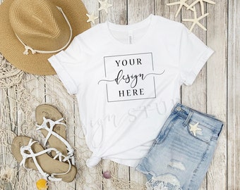 MOCKUP - White Bella Canvas 3001 Beach Shirt Flat lay - Rustic Summer Beachy Style Mock up tshirt shells t-shirt t, Summer tshirt mockup