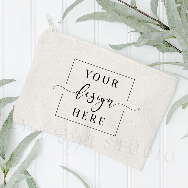 Canvas Zipper Pouch MOCKUP | Blank Makeup Bag | Cosmetic Bag Sublimation Coin Purse | Farmhouse White Background | Classy Stylish Zipper Bag