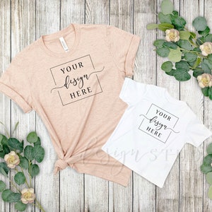 Mother's Day Mommy and Me Shirt MOCKUP - Bella Canvas 3001 Prism Peach & white child shirt - Mother child - mother daughter shirts