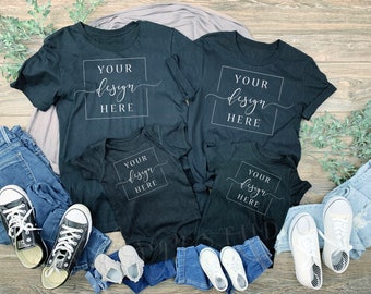 Family Shirt MOCKUP - Tagless Black Tee Shirt Mommy Daddy Child Baby - Mom Dad Kid Baby Toddler Kids Children Family - kids group with shoes