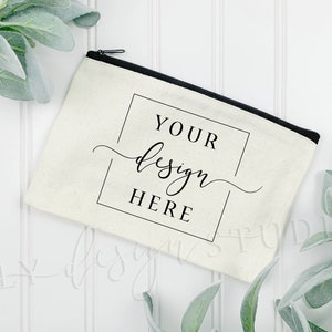 Tan Canvas Reißverschluss Beutel MOCKUP mit schwarzem Reißverschluss | Blanko Schminktasche | Kosmetiktasche Sublimation Geldbörse | Bauernhaus weißer Hintergrund