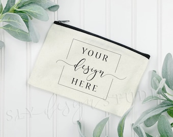 Tan Canvas Zipper Pouch MOCKUP with Black Zipper | Blank Makeup Bag | Cosmetic Bag Sublimation Coin Purse | Farmhouse White Background