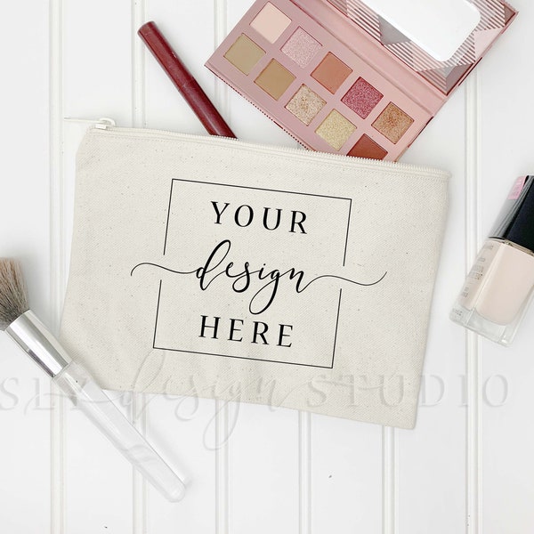 Canvas Zipper Pouch MOCKUP | Blank Makeup Bag | Cosmetic Bag Sublimation Coin Purse | Farmhouse White Background | Classy Stylish Zipper Bag