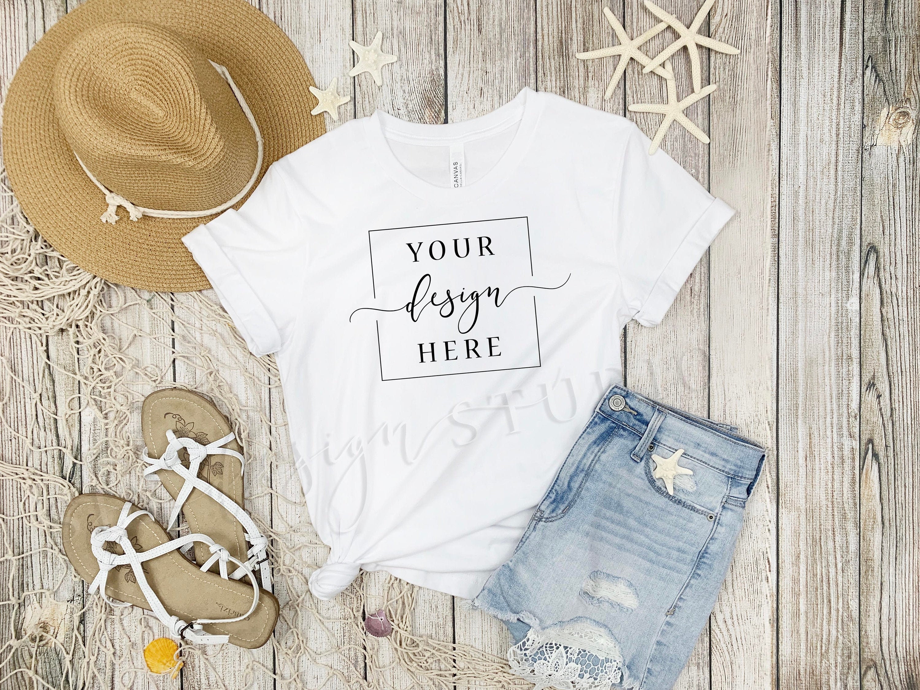 MOCKUP White Bella Canvas 3001 Beach Shirt Flat lay Rustic | Etsy