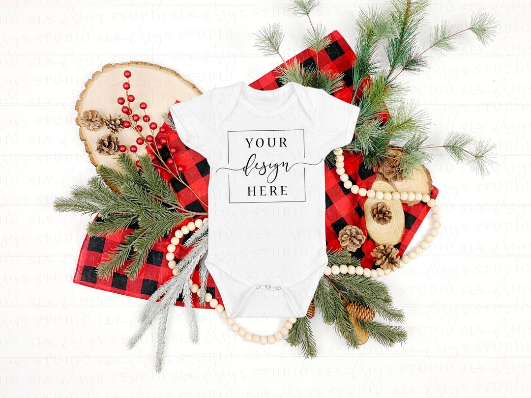 MOCKUP White Baby Onesie Flat Lay Red Christmas Pine Plaid Etsy