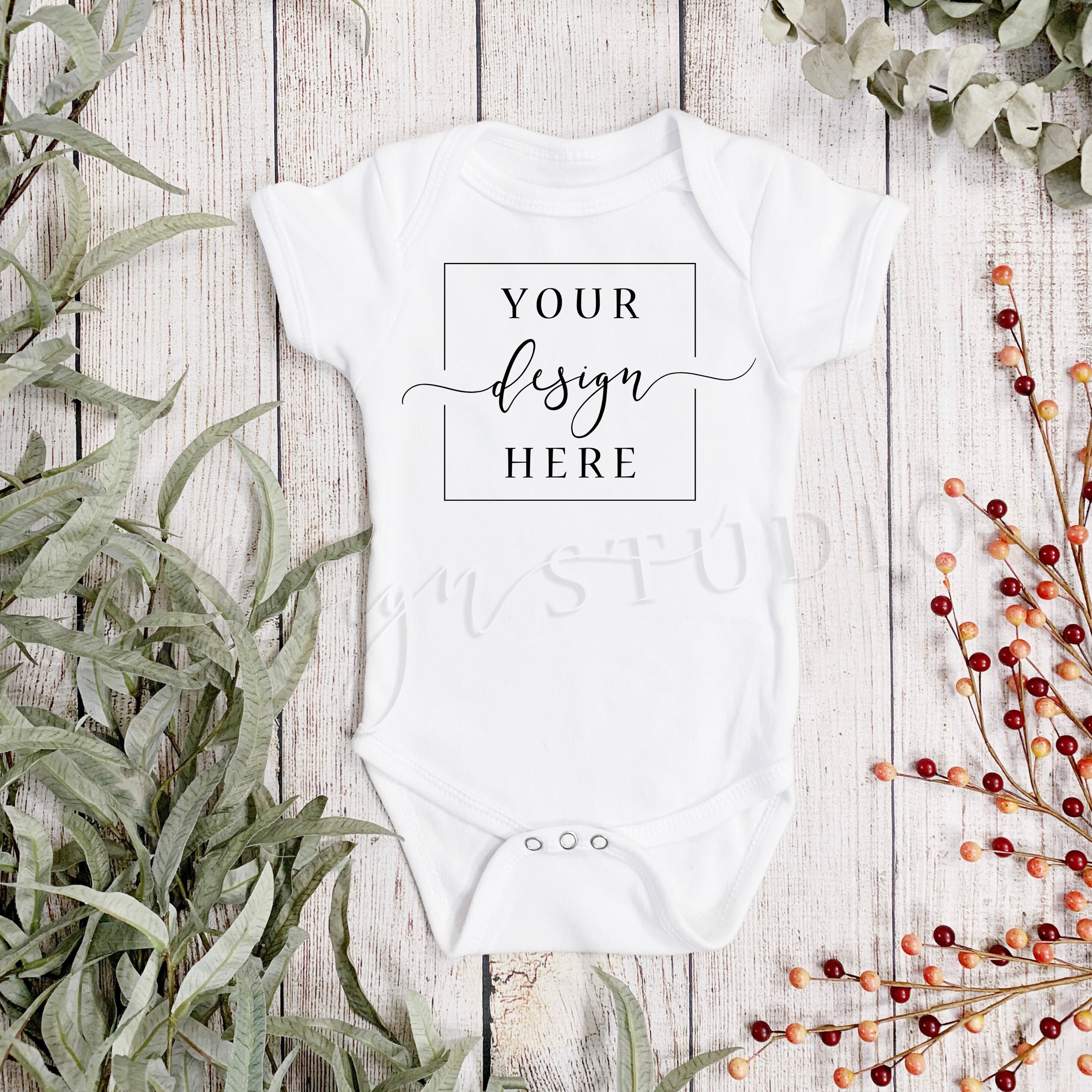 Download Neutral White Onesie Mockup Flat lay with plants & berries ...