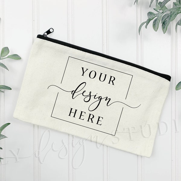 Tan Canvas Zipper Pouch MOCKUP with Black Zipper | Blank Makeup Bag | Cosmetic Bag Sublimation Coin Purse | Farmhouse White Background